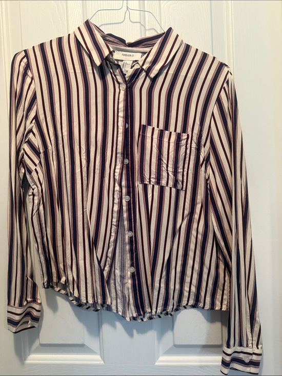 Forever 21 Tops - Forever 21 Cream and Burgundy Striped Button-Up Shirt